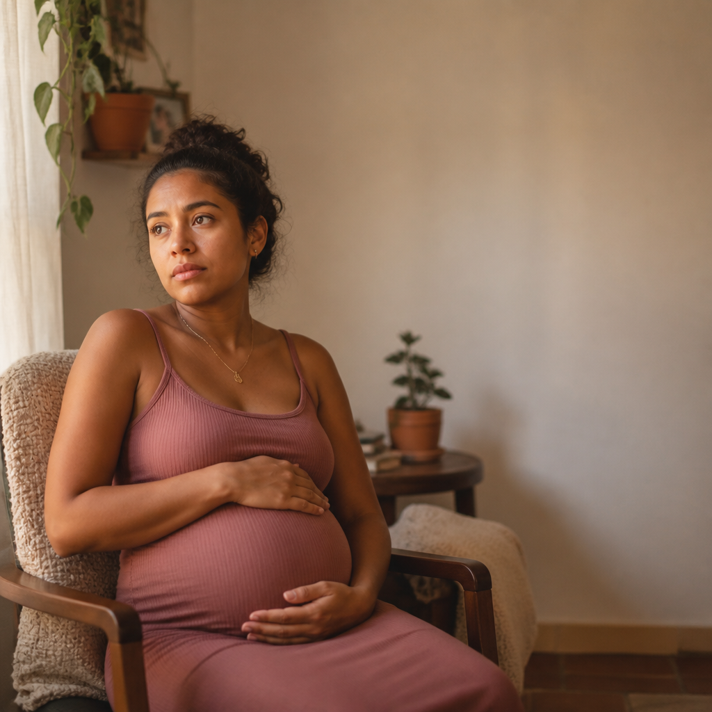Gestante sentada em casa, com a mão sobre a barriga, em expressão serena e reflexiva